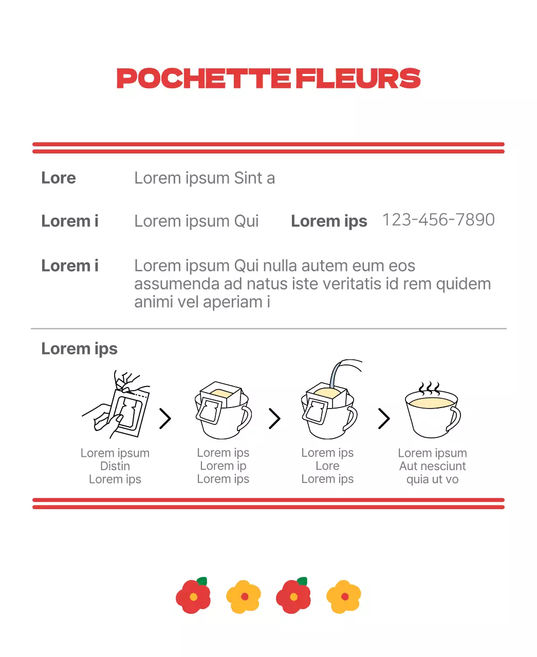 Sachets de thé en forme de fleur avec des illustrations florales rouges et orange