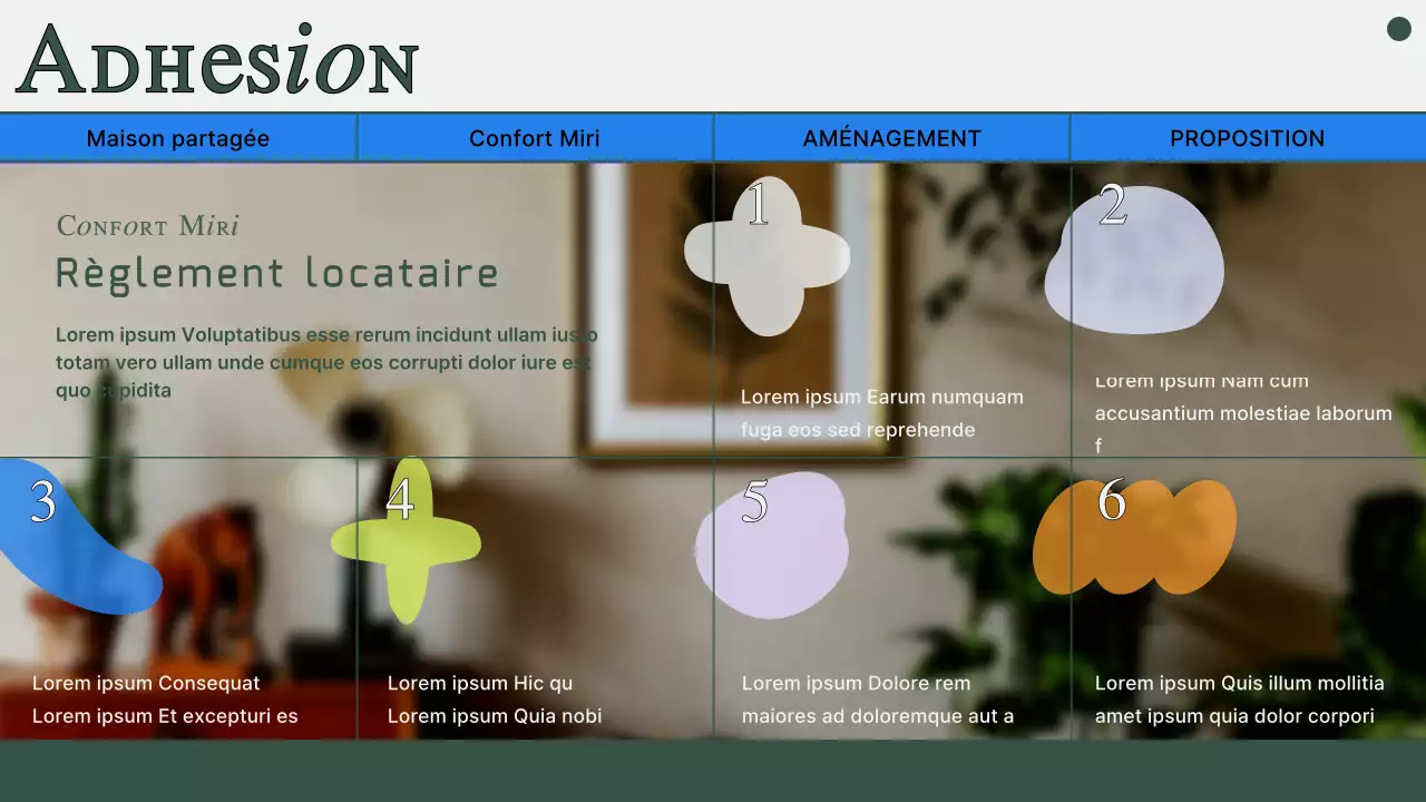 Proposition de maison commune avec des photos et des lignes vertes atténuées