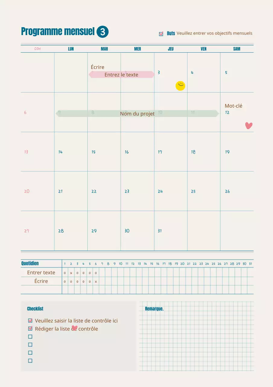 Plan d'étude mensuel en turquoise et marron