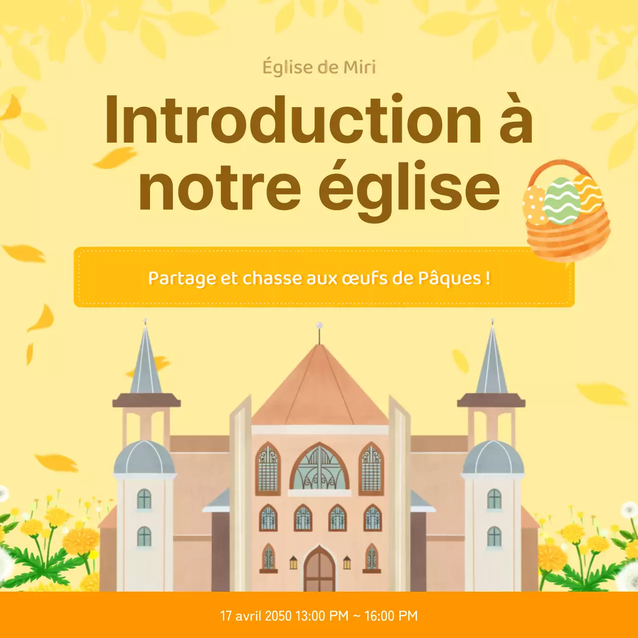 Description de Pâques et des œufs et invitation à l'église sur fond floral jaune