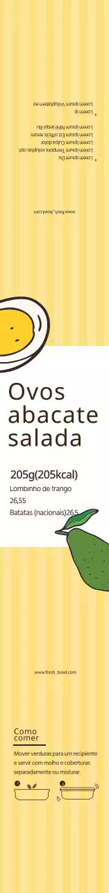 Rótulo ilustrado amarelo para salada de ovo e abacate