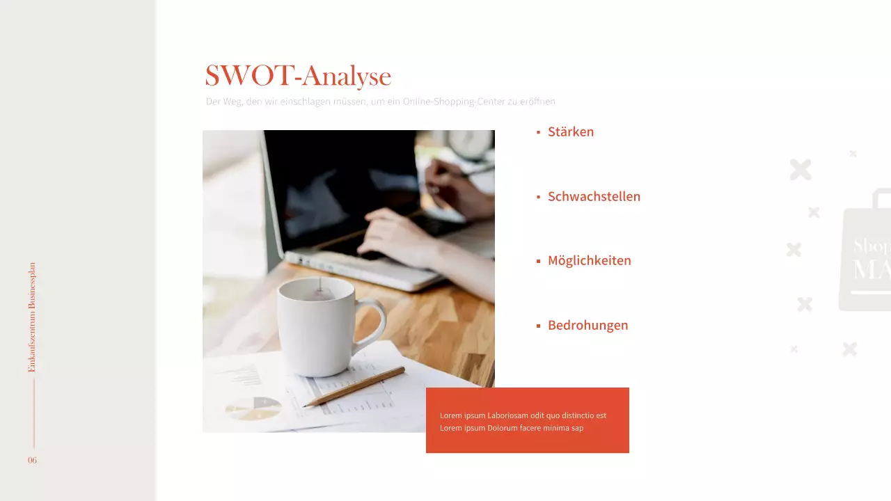 Einfaches und warmes Interieur in Orange und Braun Geschäftsplan für ein Einkaufszentrum