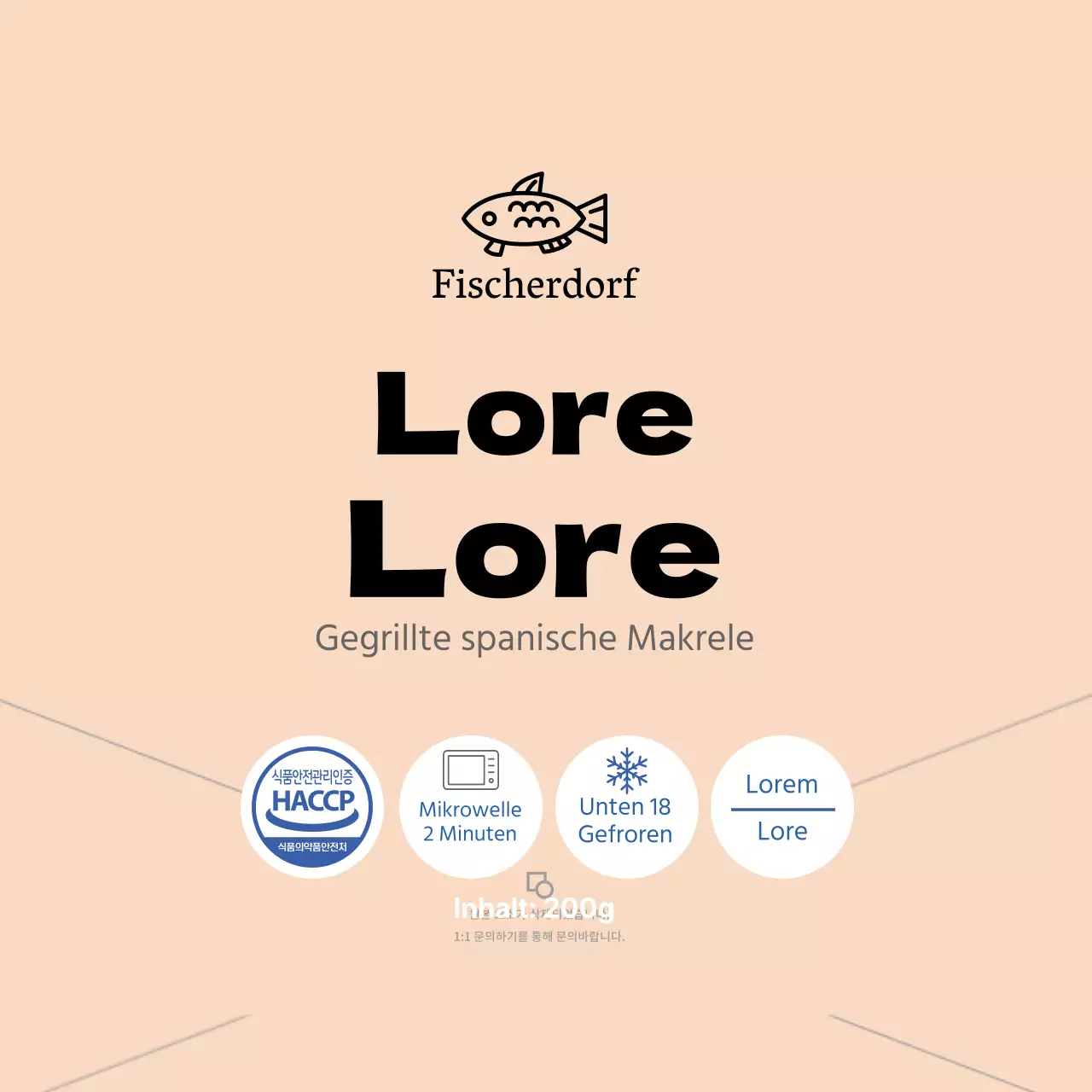 Rosa-blaues Etikett für gegrillte spanische Makrele, Meeresfrüchte