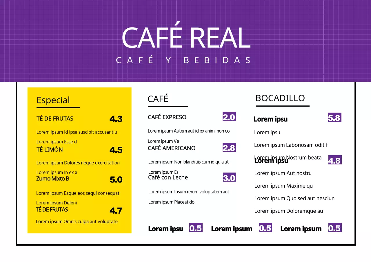 Tablero de menú de cafetería