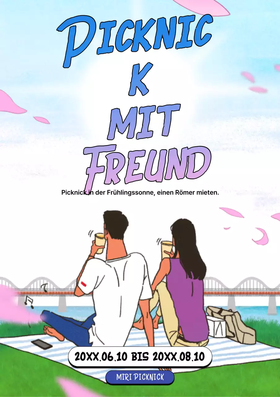 Werbung für ein blau-rosa illustriertes Picknick