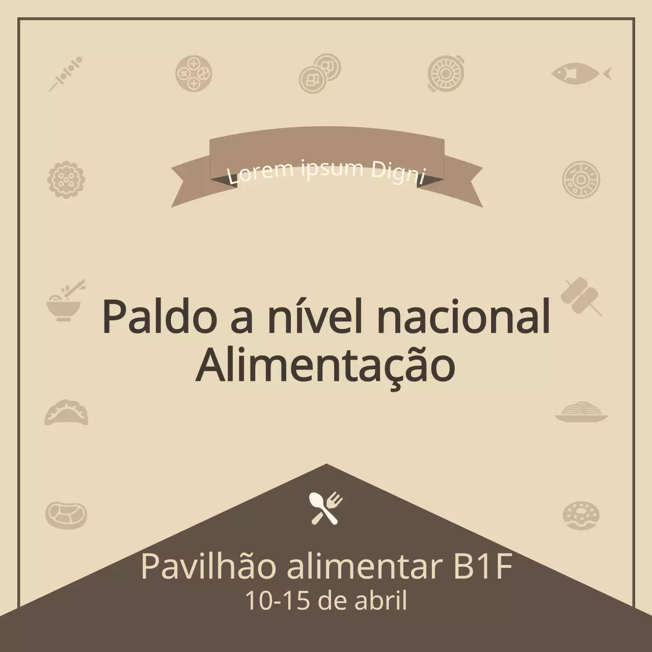Um conceito calmo com uma variedade de pictogramas de alimentos em bege e castanho para o guiar através da exposição de alimentos.