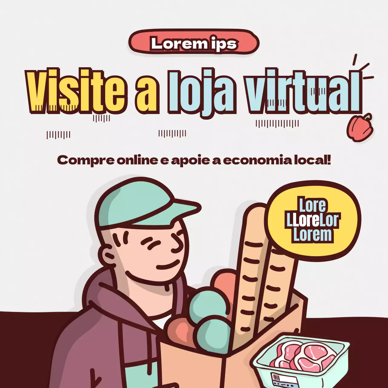 Tema de ilustração de linhas para compras de supermercado em linha da Brown Mint