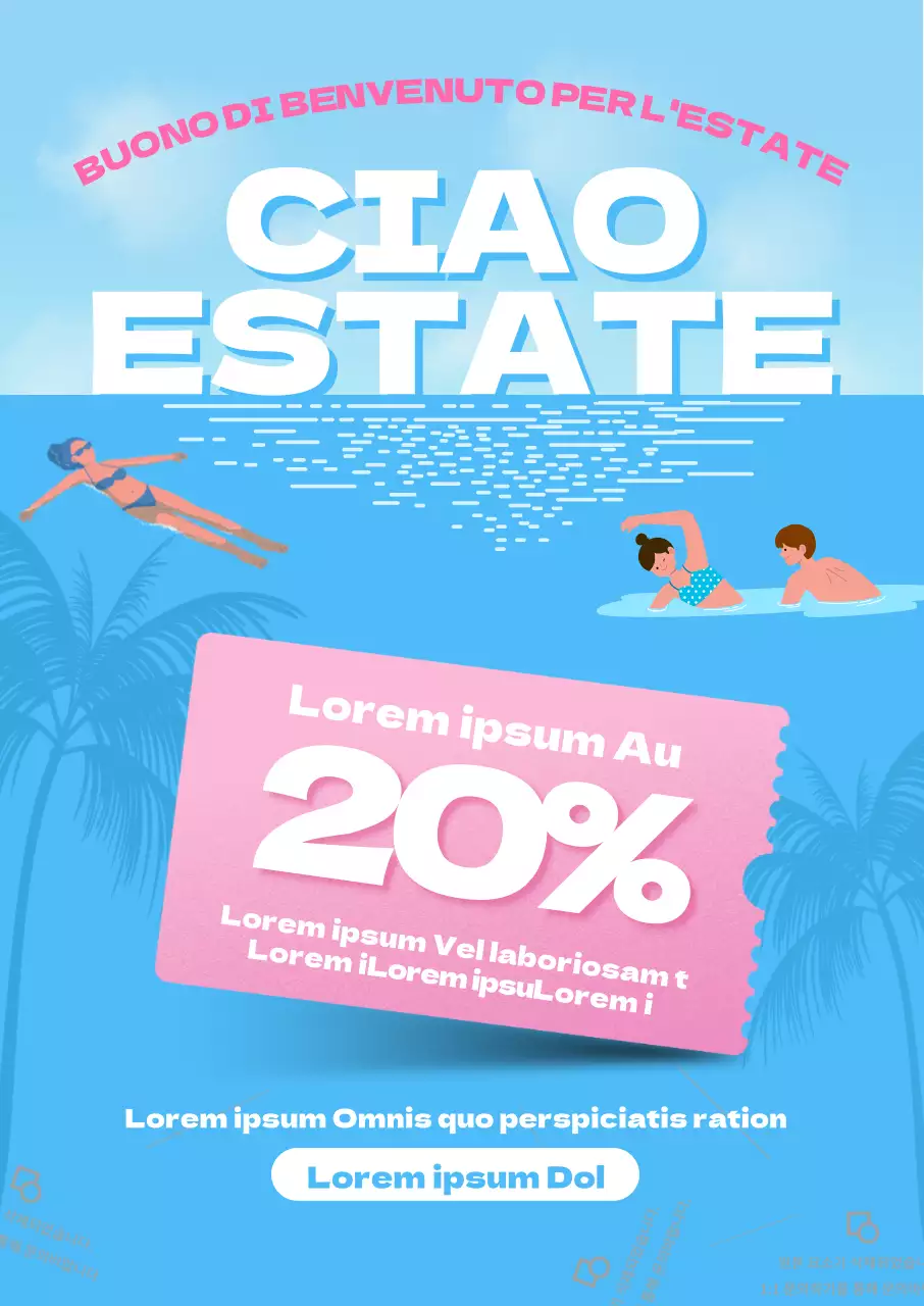 Viaggio d'estate, evento di alloggio per le vacanze con coupon rosa su uno sfondo azzurro e fresco del mare