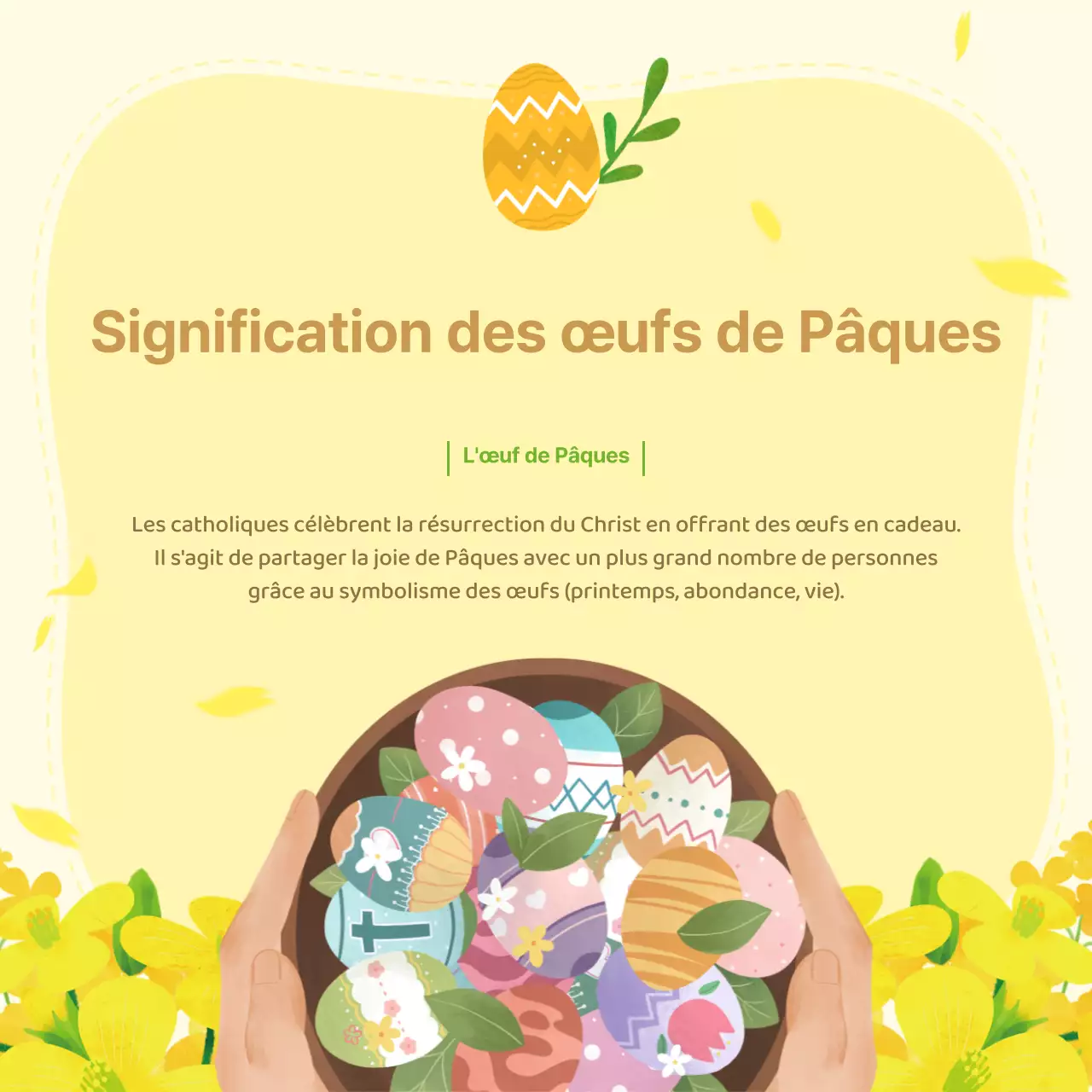 Description de Pâques et des œufs et invitation à l'église sur fond floral jaune