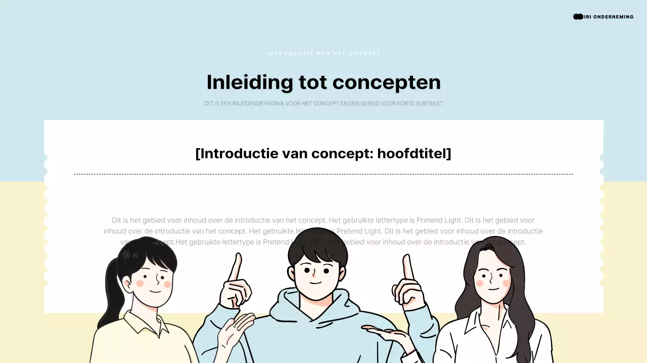 Inleidende presentatie met een menselijk element dat wijst naar een lichtblauwe en gele ruimte