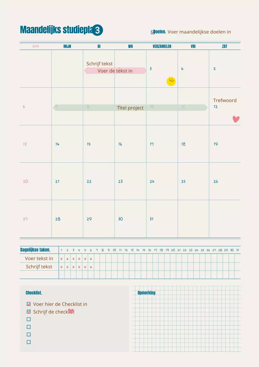 Maandelijks studieplan in turquoise en bruin