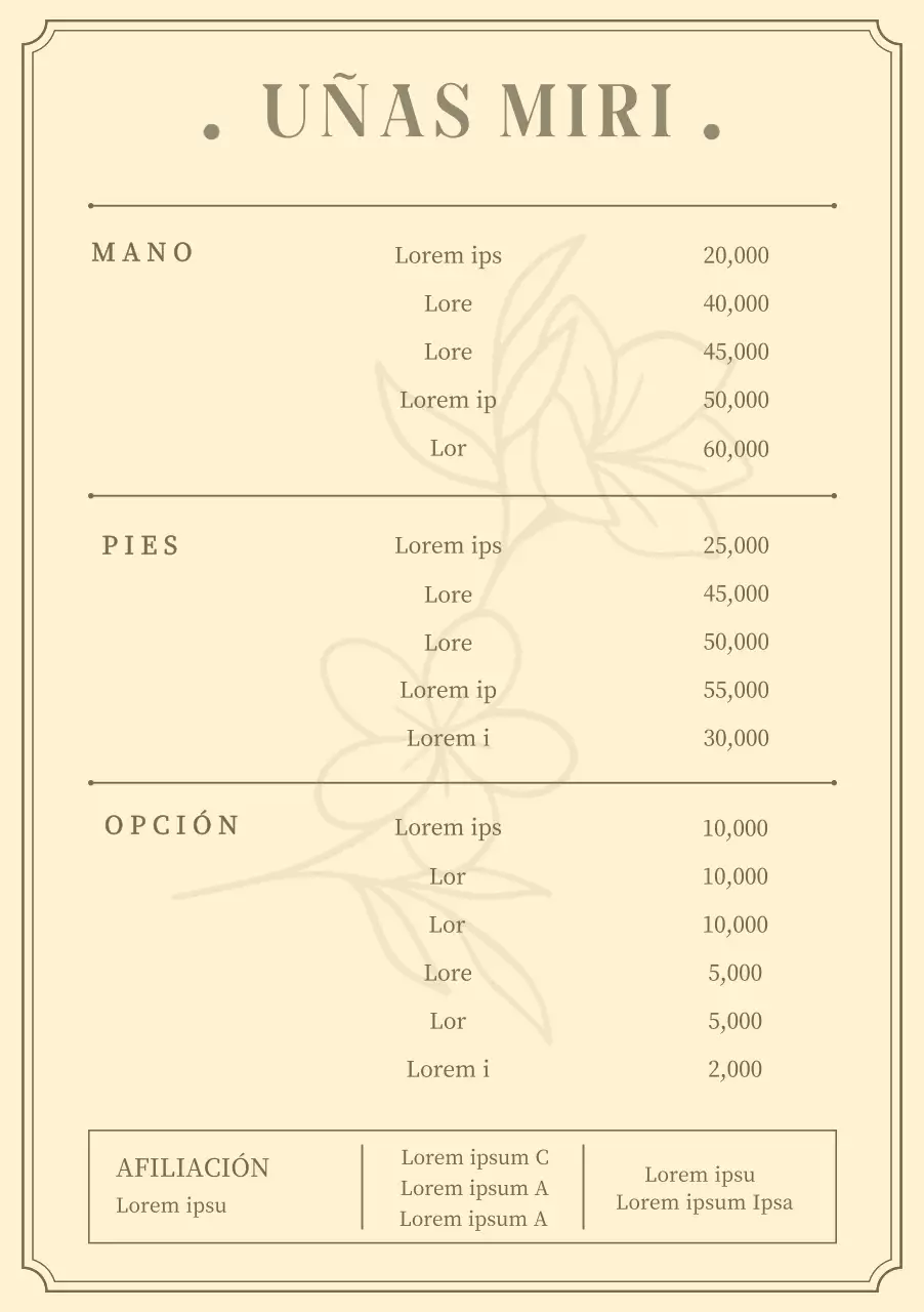 Cartel de menú de uñas con ilustración floral sobre fondo beige claro