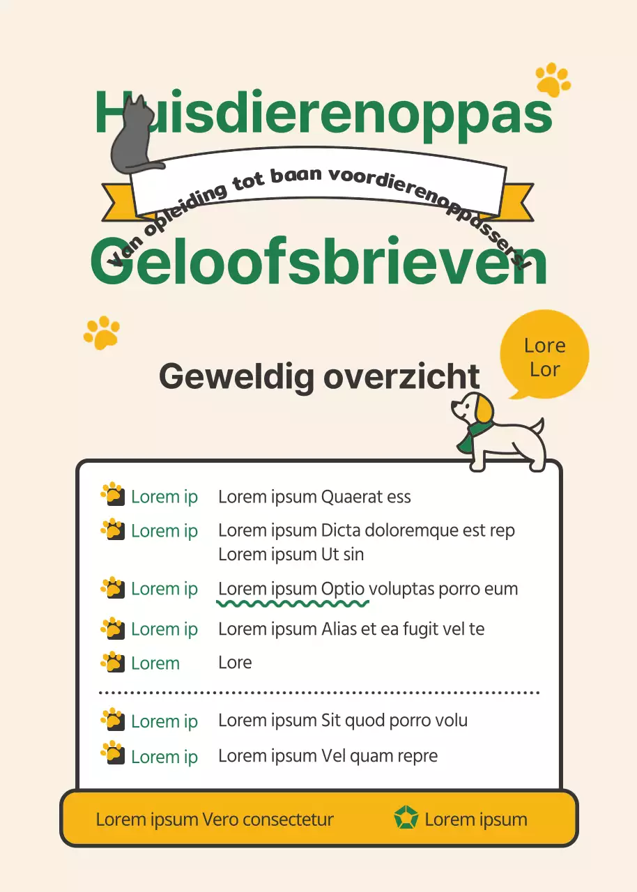 Aanwerving certificaat dierenoppas met een groen en geel thema