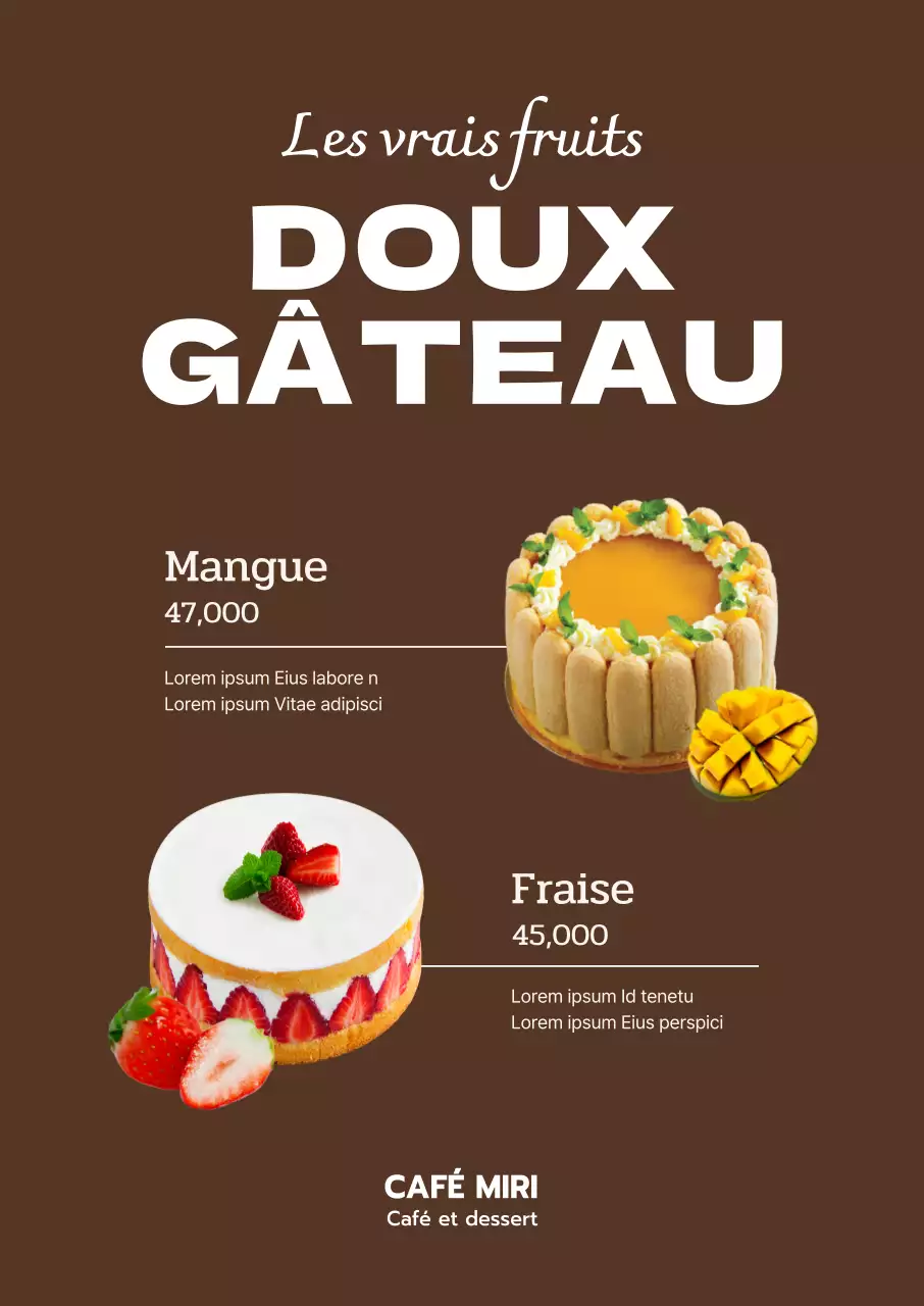 Menu de gâteaux simple et épuré sur fond marron