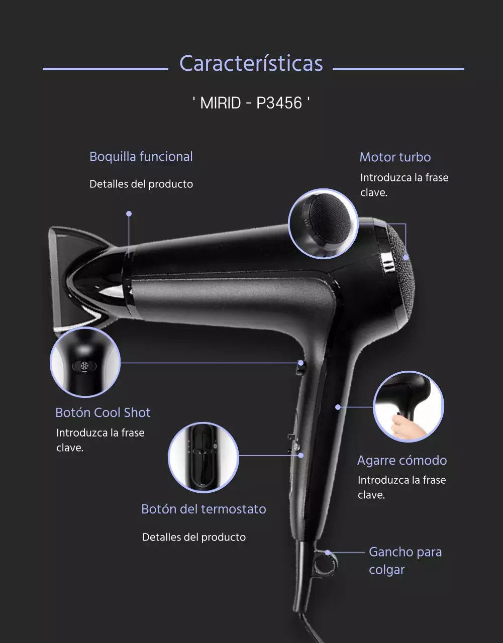 Secador de pelo negro y morado con un concepto limpio