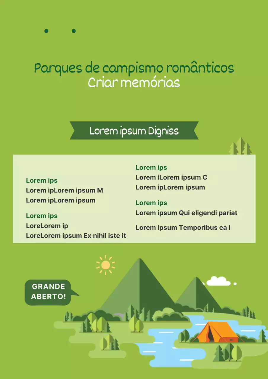 Promover a abertura de um parque de campismo limpo com natureza verde e ilustrações de tendas