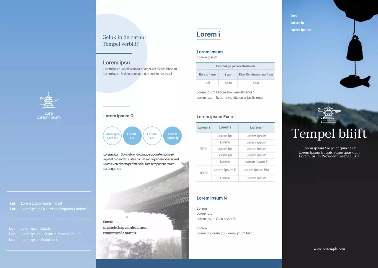 Tempelverblijven promoten en informeren in een strakke, lichtblauwe en witte stijl