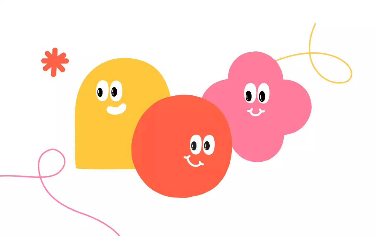 カラフルな色のかわいい図形のキャラクターと企業ロゴが入った企業広報用。