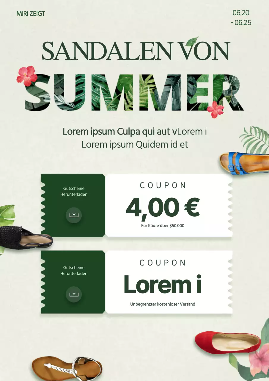 Veranstaltungsflyer für einen Rabattcoupon für Sommerschuhe in Grüntönen