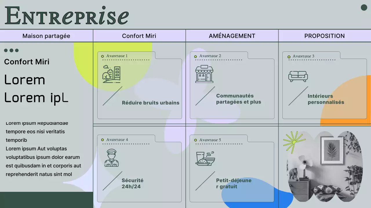 Proposition de maison commune avec des photos et des lignes vertes atténuées