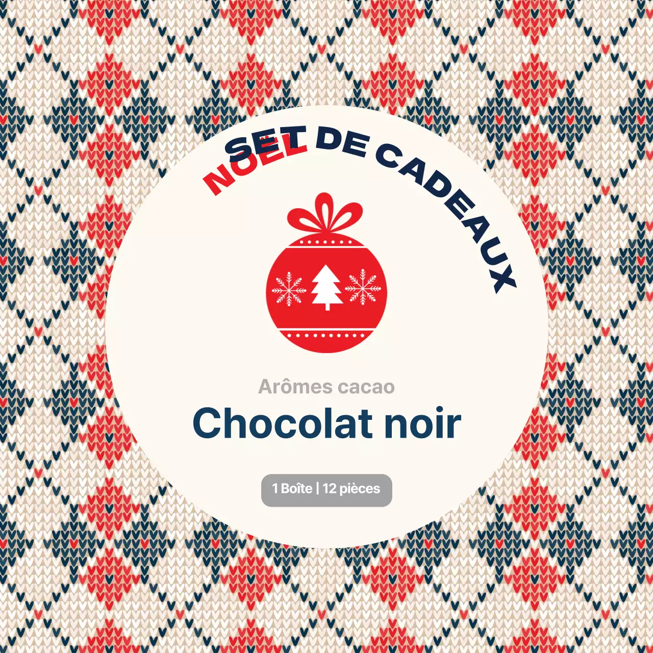 Étiquette d'emballage de Noël pour le chocolat, motif tricoté, rouge ivoire et bleu marine