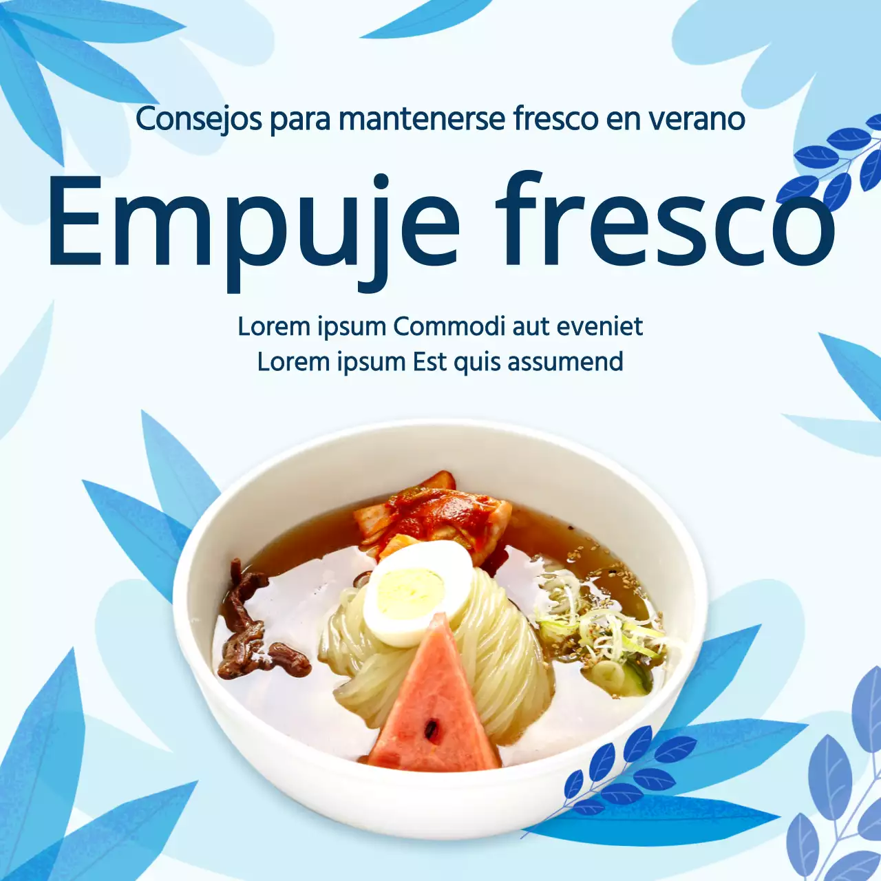 Promover un kit de comida de fideos de trigo con ilustración de una hoja azul