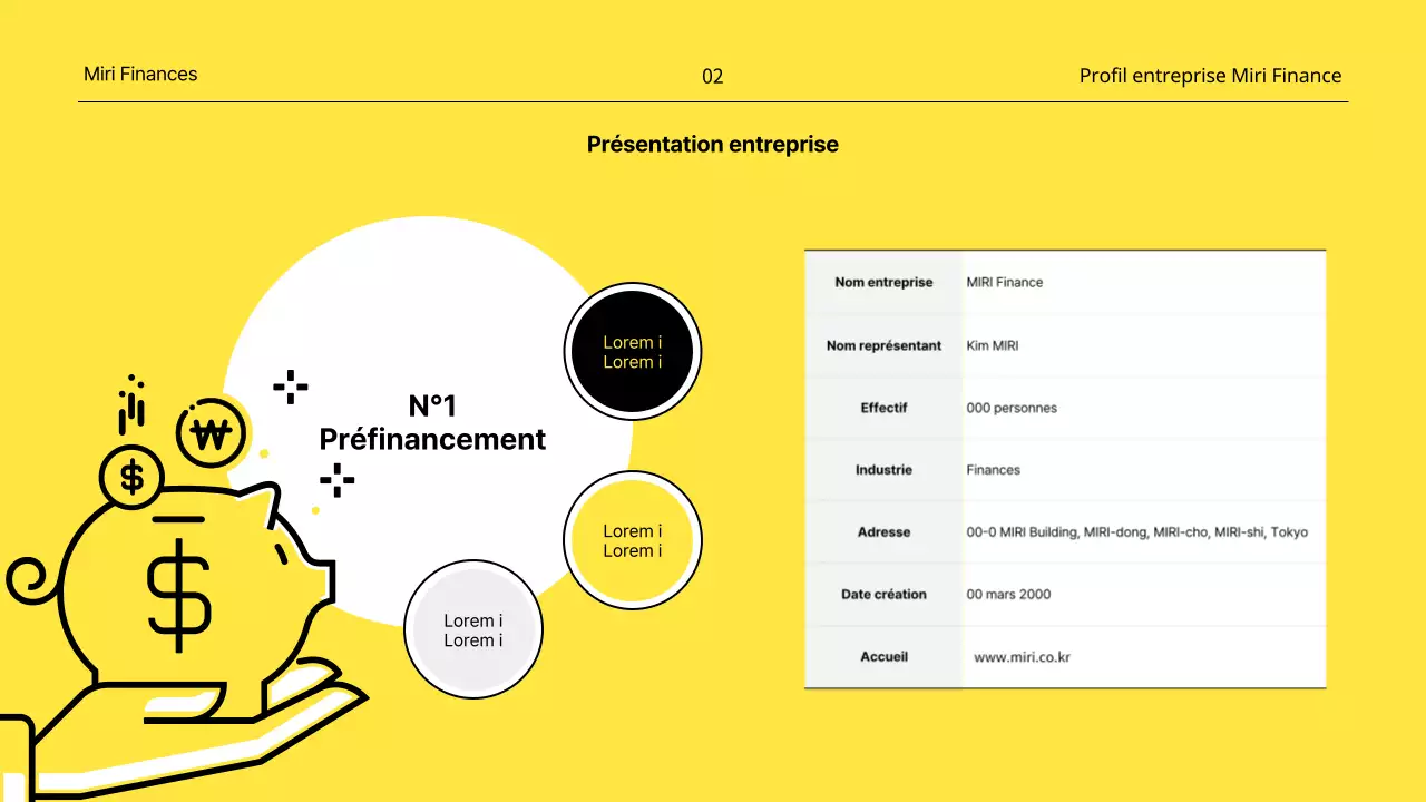 Un profil d'entreprise financière minimaliste en jaune et blanc