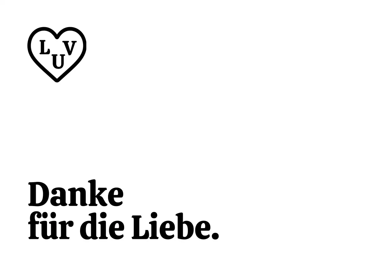 Ein schlichter, gebrandeter Dankesumschlag mit schwarzem Text und einer herzförmigen Illustration.