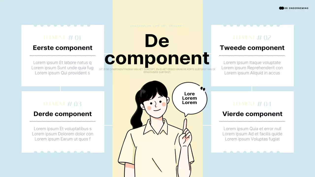 Inleidende presentatie met een menselijk element dat wijst naar een lichtblauwe en gele ruimte