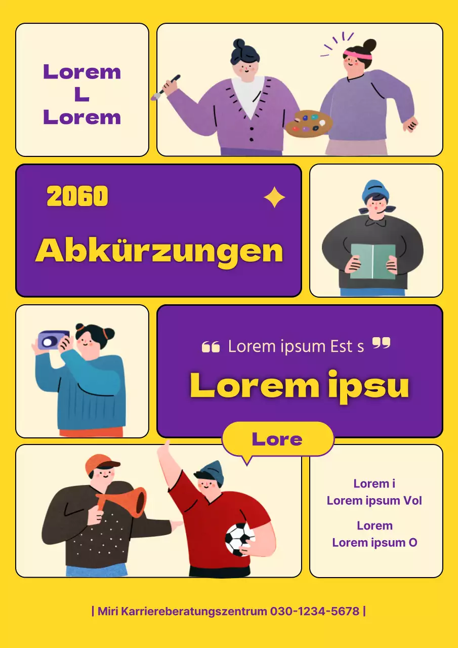 Stellenausschreibungen für die Berufsberatung mit geteiltem Layout in Gelb und Lila