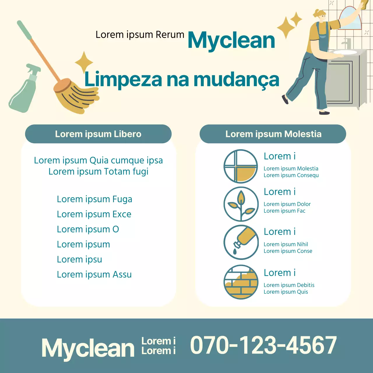 Ilustração azul e amarela que promove um serviço de limpeza de mudanças arrumado