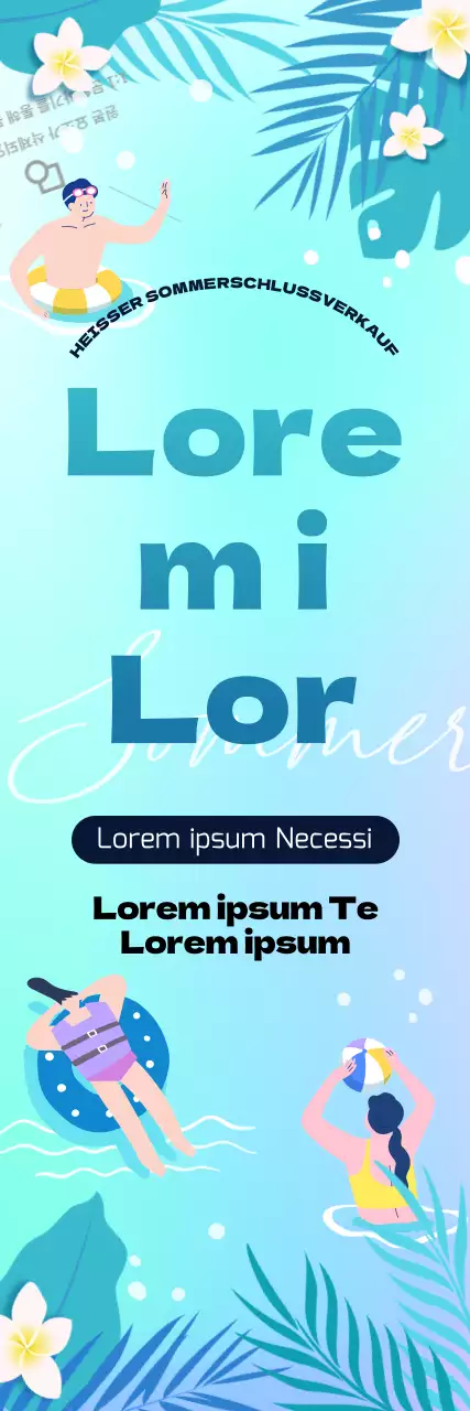 Eine Sommerurlaubsunterkunft mit einem frischen Meereshintergrund mit Farbverlauf, Palmen und schwimmenden Illustrationen.