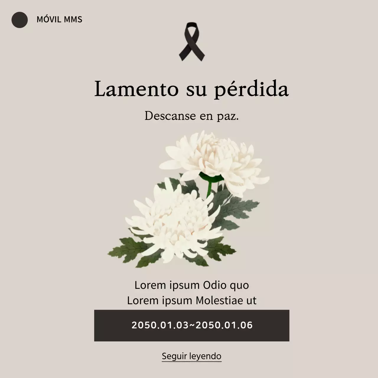 Pésame plantilla de banner móvil con flores de crisantemo y la cinta y el énfasis de texto