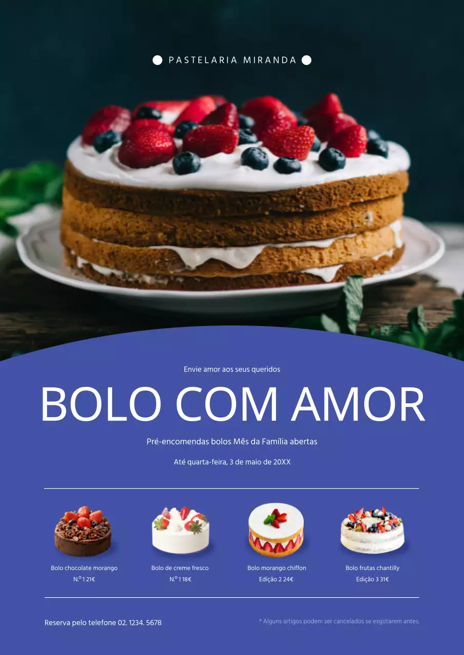 Promoção de bolos elegantes com pormenores em azul
