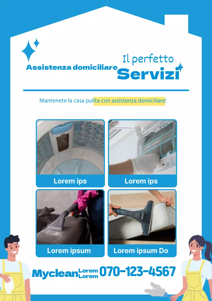 Promuovete il vostro servizio di pulizia a domicilio con una foto illustrativa in blu