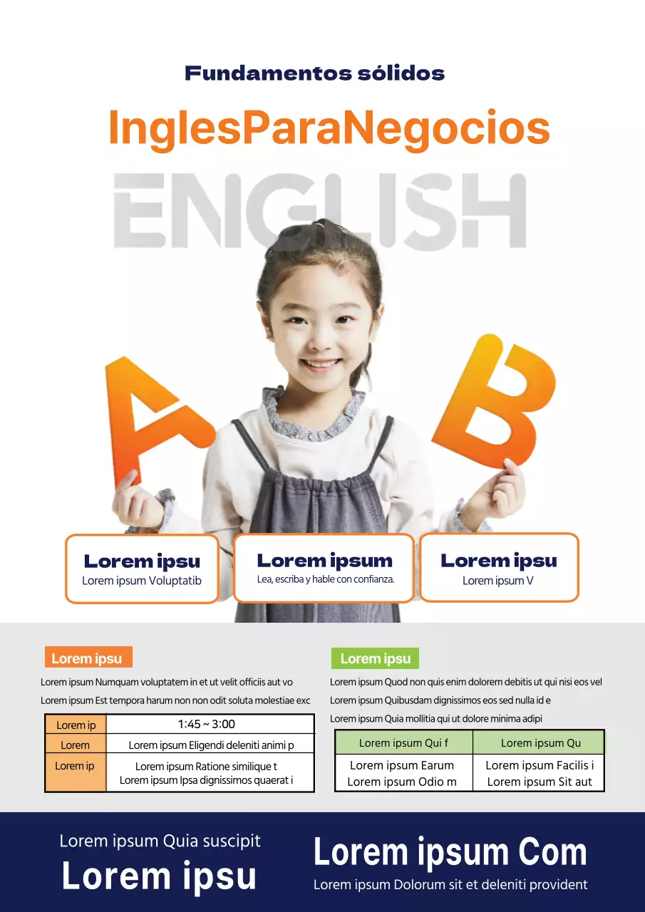 La foto azul marino-naranja destaca la promoción de la escuela de inglés