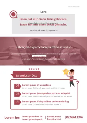 Saubere Schulwerbung in englischer Sprache mit lila Fotos und menschlichen Illustrationen