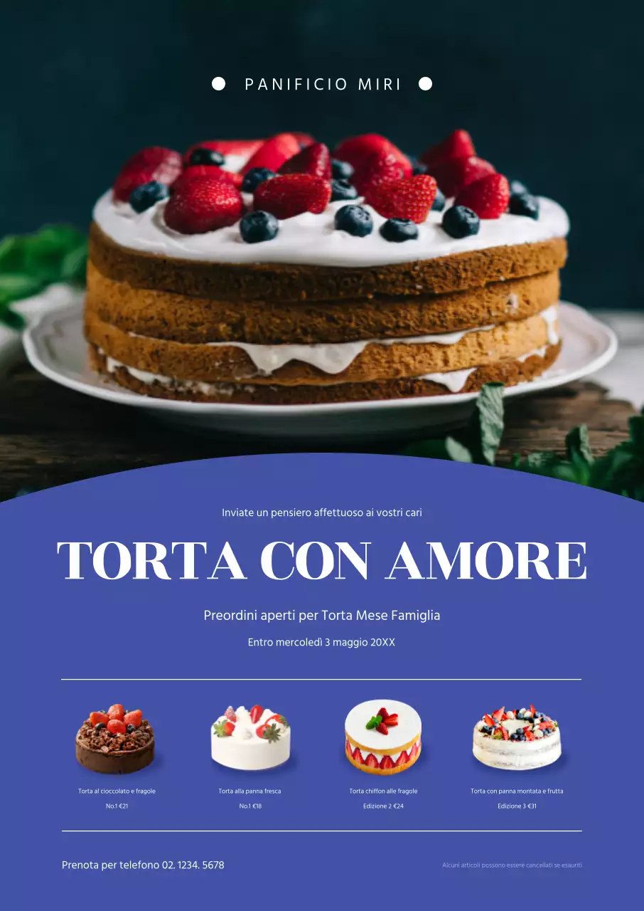 Promozione della torta ordinata con accenti blu