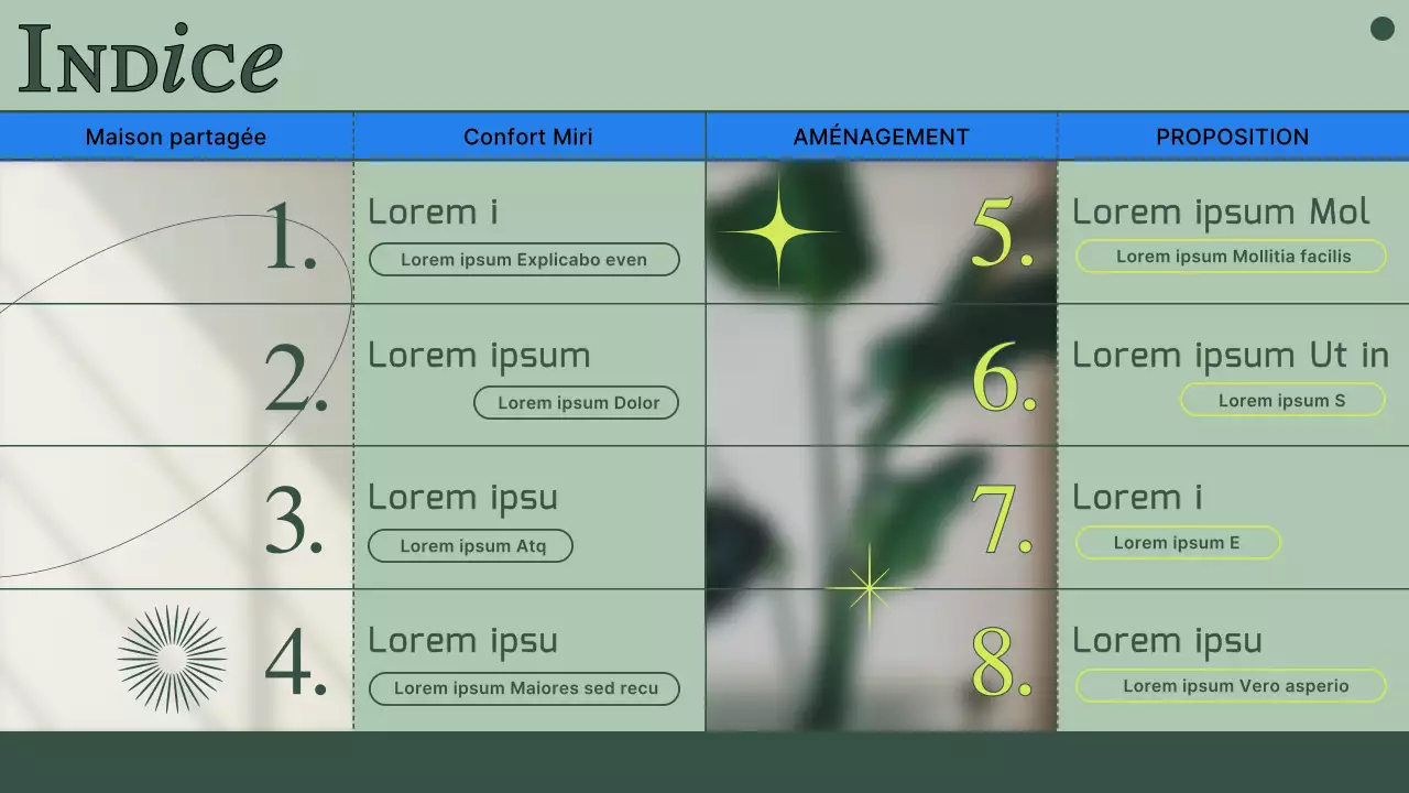 Proposition de maison commune avec des photos et des lignes vertes atténuées