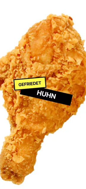 Brathähnchen mit gelber und schwarzer Aufschrift