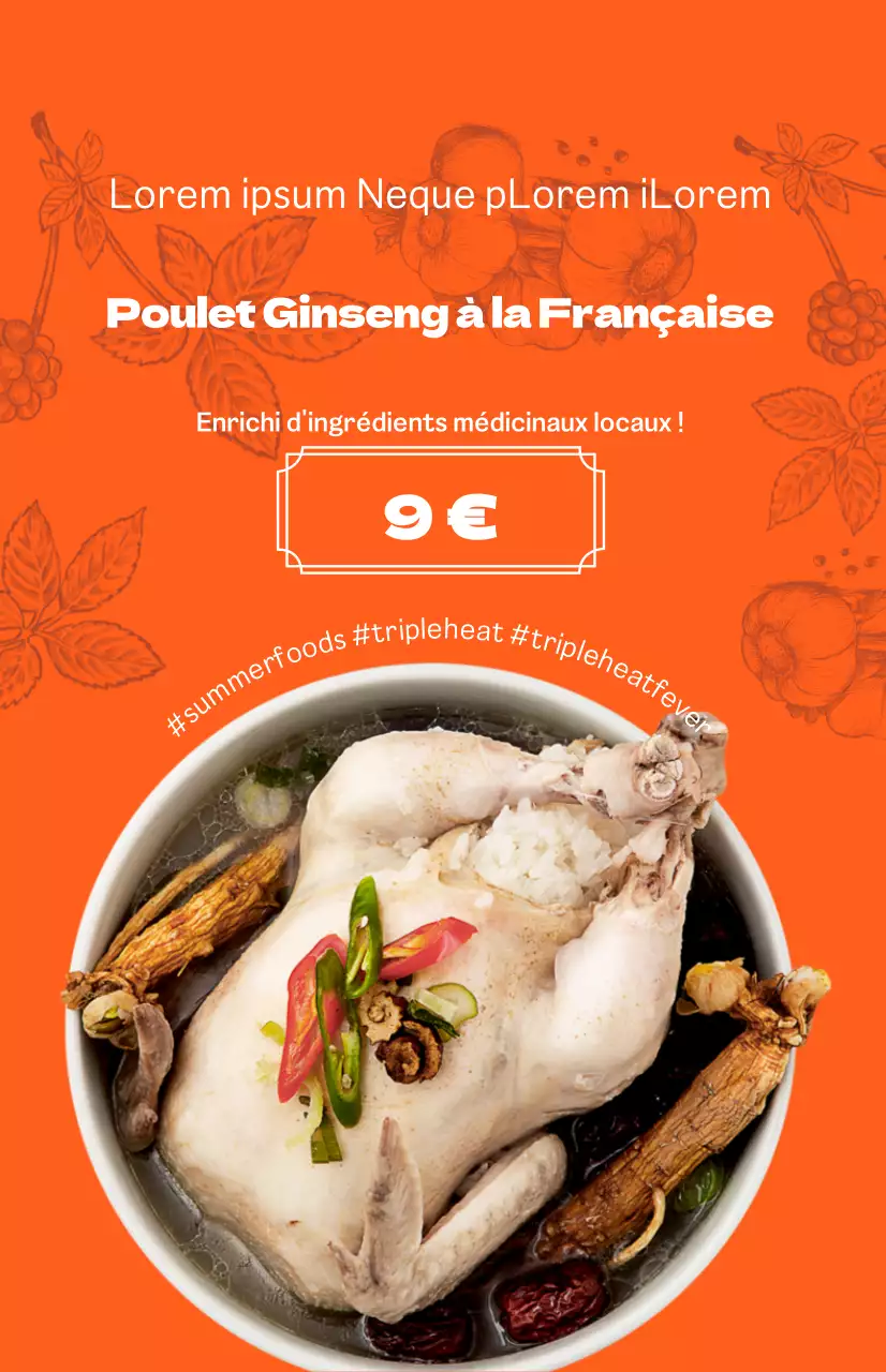 Bo-yang Samgyetang avec un fond orange vif et des illustrations coréennes
