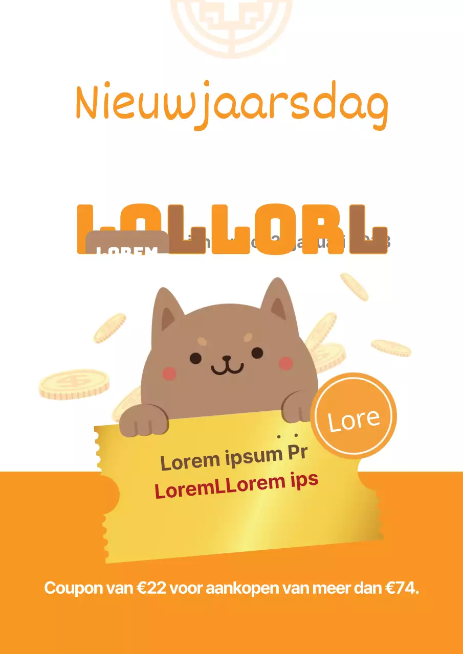 Schattige nieuwjaarsuitverkoop met een oranje puppy-illustratie