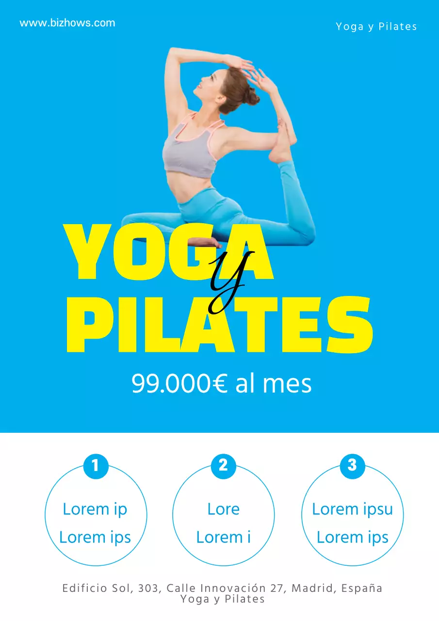 Una sencilla oferta de descuento en una escuela de yoga con la foto de una mujer haciendo pilates en azul.