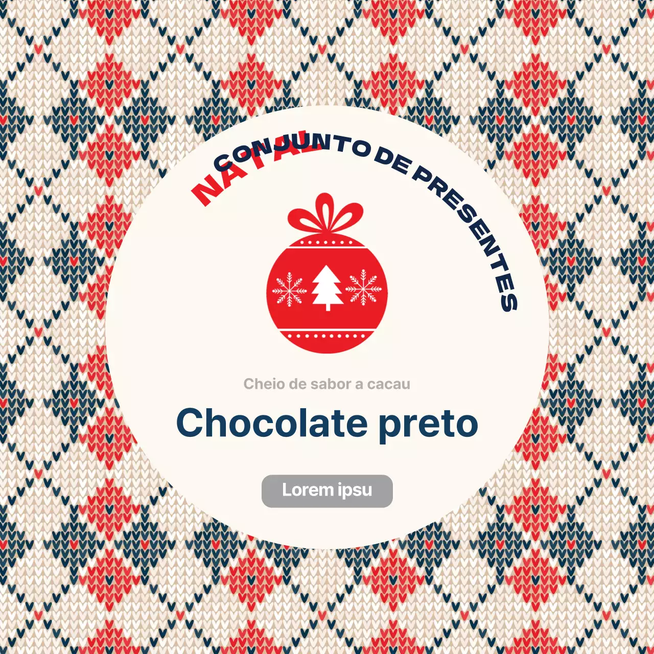 Etiqueta de embalagem de Natal para chocolate com padrão de malha vermelho marfim azul-marinho