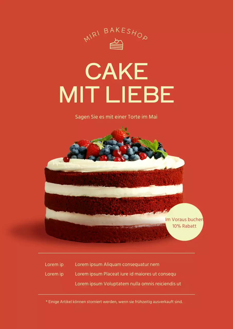 Rabattaktion mit einer roten Samttorte auf rotem Hintergrund