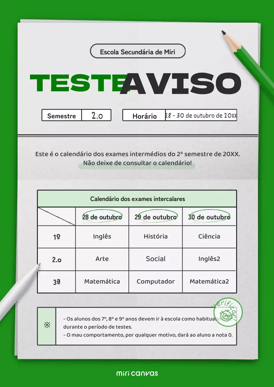 Anúncio do exame intercalar com o conceito de papel de teste verde