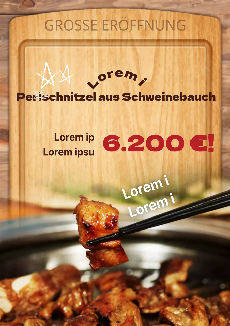 Bewerben Sie die Speisekarte eines Steakhauses mit braunen Schneidebrettern und Fotos von Steaks