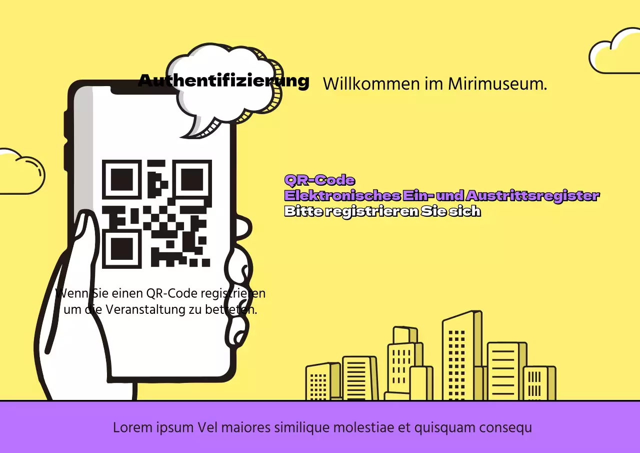 COVID-19 QR-Code illustriertes Informationsposter mit gelbem Hintergrund