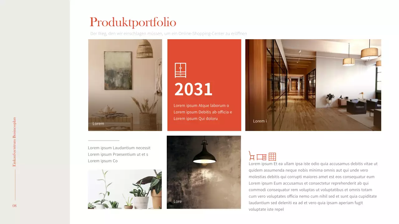 Einfaches und warmes Interieur in Orange und Braun Geschäftsplan für ein Einkaufszentrum