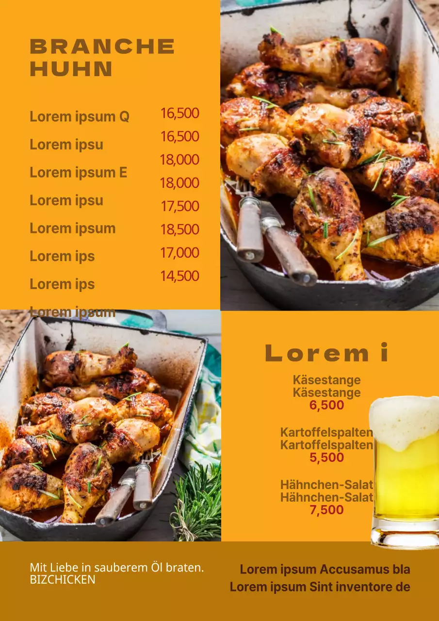 Speisekarte eines Hähnchenrestaurants mit Fotos